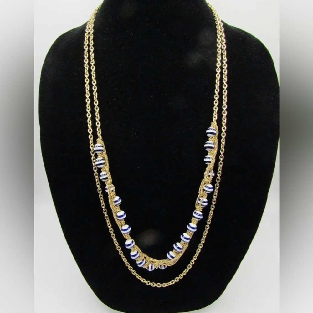 TALBOTS Women's Gold Adjustable 32-33" Necklace Blue/White Striped Beaded Glass